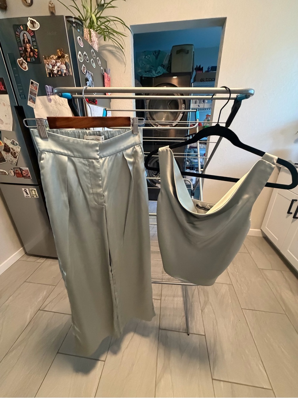 Abercrombie & Fitch Satin Cowl Neck Camisole and Pantsuit Light Sage